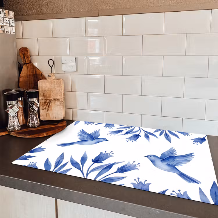 Modern - Vogels - Delfts - Blauw Inductie beschermer vinyl 3mm klein -sfeer3