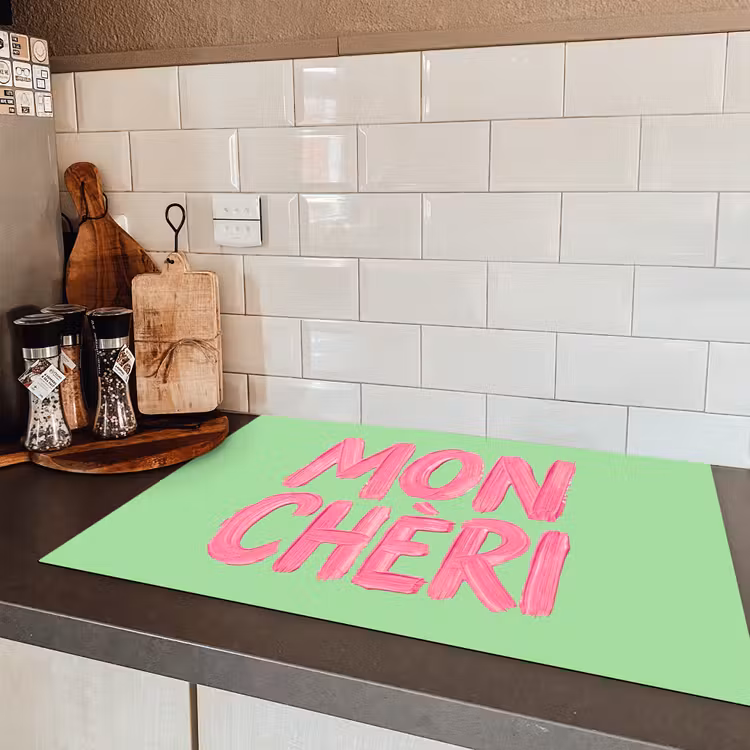 Mon cheri - Groen - Roze Inductie beschermer vinyl 3mm klein -sfeer3
