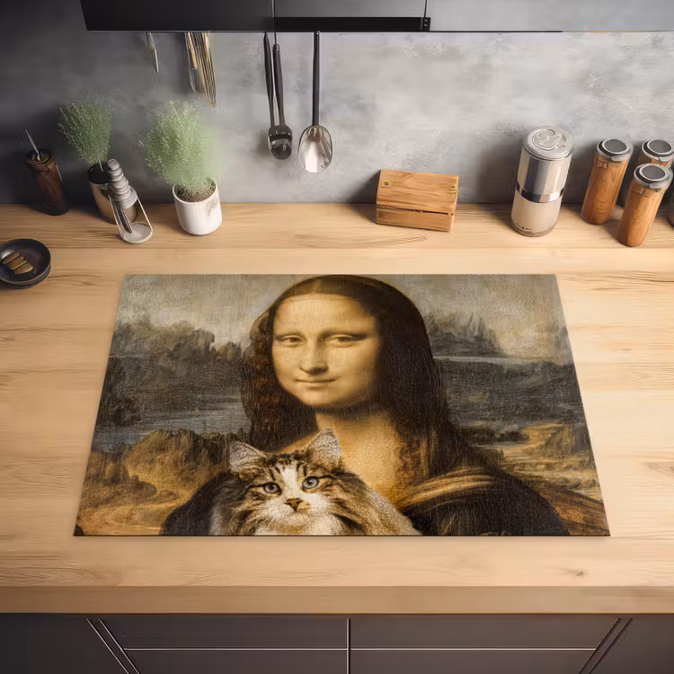 Mona Lisa - Kat - Leonardo da Vinci - Vintage - Kunstwerk - Oude meesters - Schilderij Inductie beschermer vinyl 3mm middel -sfeer5