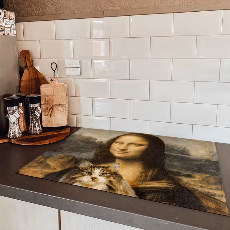 Mona Lisa - Kat - Leonardo da Vinci - Vintage - Kunstwerk - Oude meesters - Schilderij Inductie beschermer vinyl 3mm middel -sfeer3