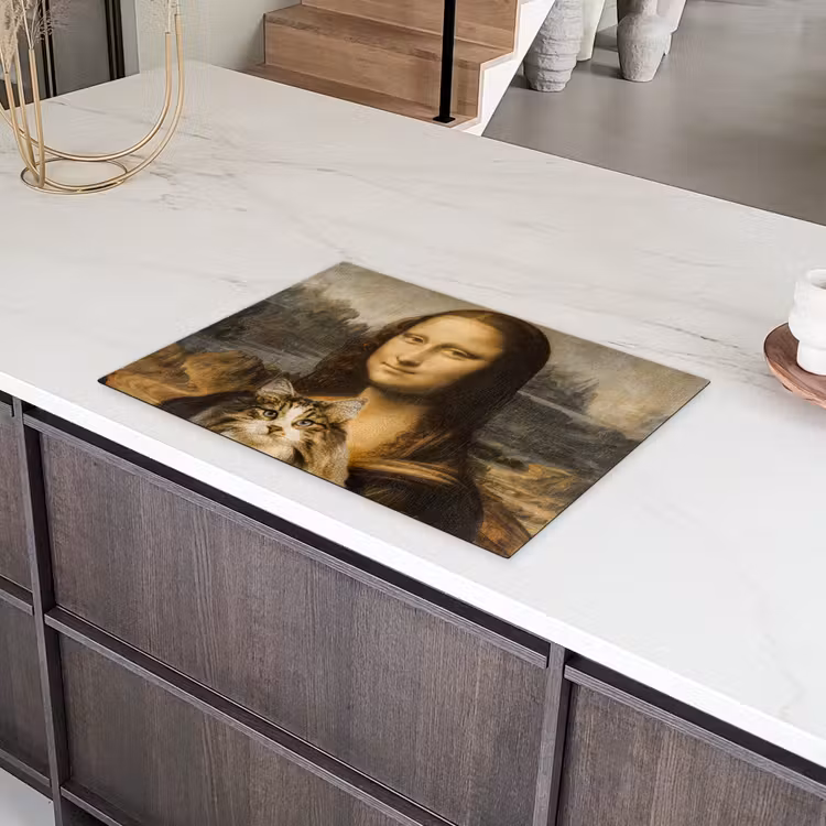 Mona Lisa - Kat - Leonardo da Vinci - Vintage - Kunstwerk - Oude meesters - Schilderij Inductie beschermer vinyl 3mm middel -sfeer8