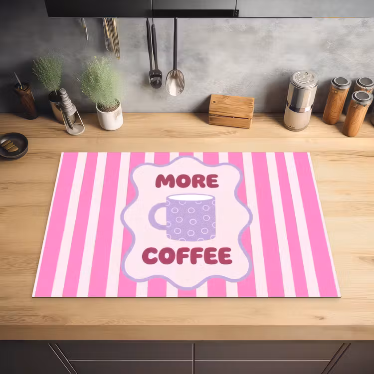 More coffee - Roze - Paars - Strepen - Mok Inductie beschermer vinyl 3mm klein -sfeer5