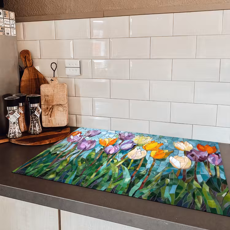Mozaïek - Veld - Tulpen - Kleurrijk Inductie beschermer vinyl 3mm klein -sfeer3