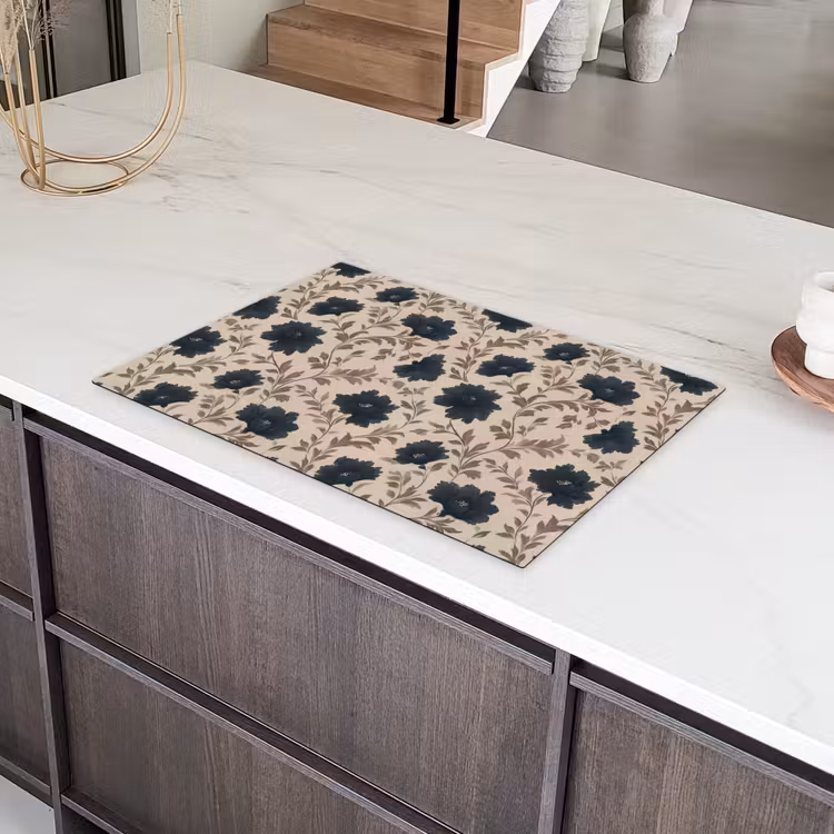 Motief - Bloemen - Zwart - Beige Inductie beschermer vinyl 3mm klein 276 -sfeer8