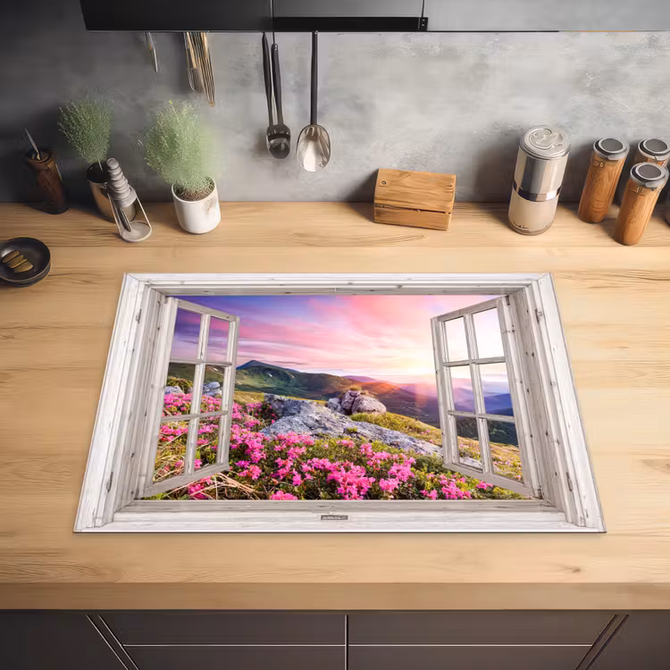 Bergen - Landschap - Doorkijk - Bloemen - Avond - Roze Inductie beschermer vinyl 3mm middel -sfeer5