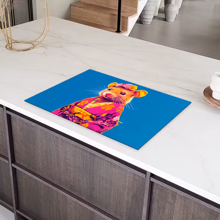 Muis - Kimono - Bloemen - Blauw Inductie beschermer vinyl 3mm klein -sfeer8
