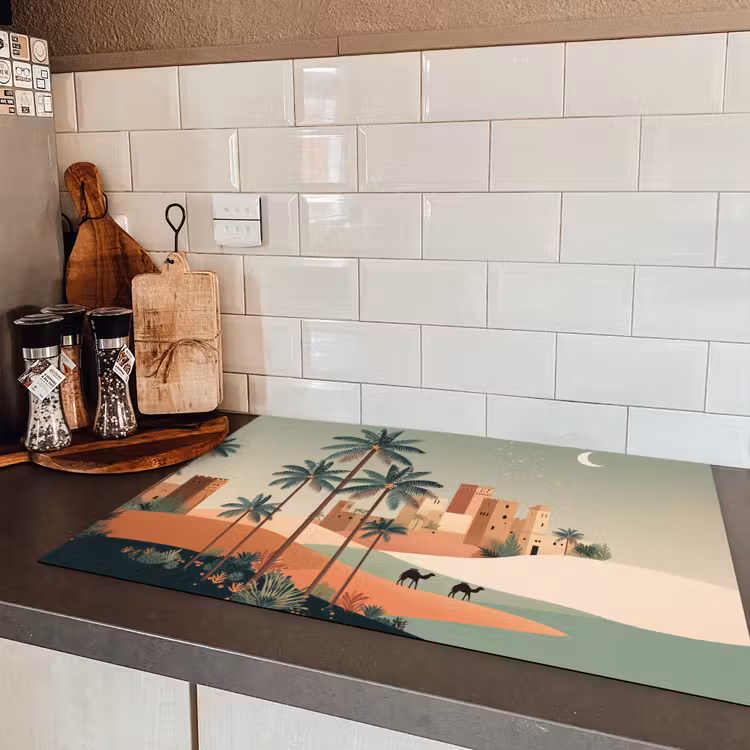 Nachtlandschap - Kamelen - Sterren - zandduinden Inductie beschermer vinyl 3mm klein -sfeer3