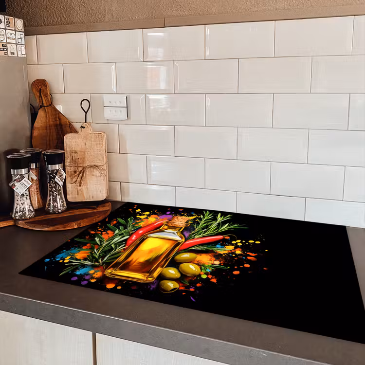 Olijfolie - Graffiti - Peper - Olijven - Modern Inductie beschermer vinyl 3mm klein -sfeer3