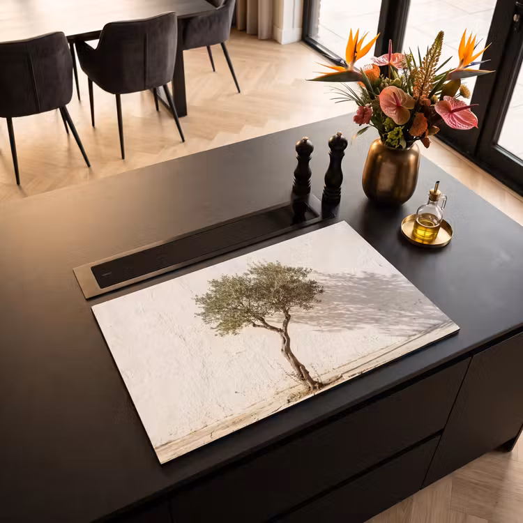 Induction Hob Cover - Olive Tree - Wall - White - Olijfboom - muur - wit Inductie beschermer vinyl 3mm klein
