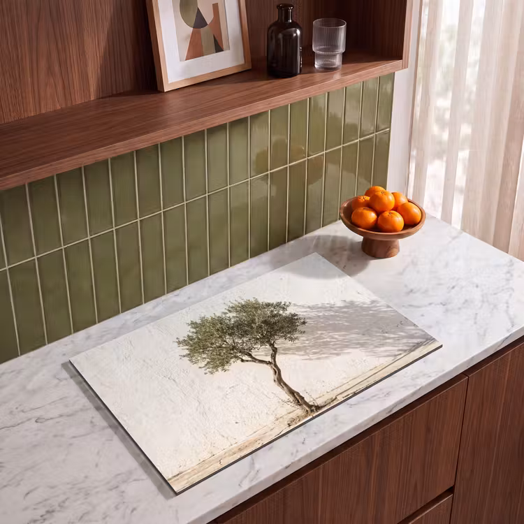 Induction Hob Cover - Olive Tree - Wall - White - Olijfboom - muur - wit Inductie beschermer vinyl 3mm klein