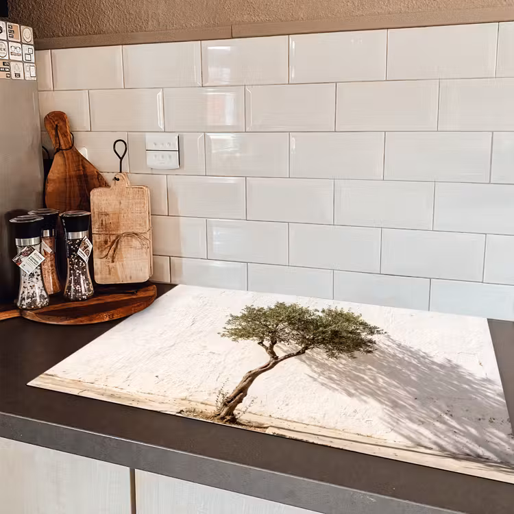 Induction Hob Cover - Olive Tree - Wall - White - Olijfboom - muur - wit Inductie beschermer vinyl 3mm klein