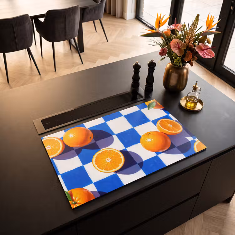 Induction Hob Cover - Orange - Checkered - Food - Sinaasappel - Geruit - Eten Inductie beschermer vinyl 3mm klein