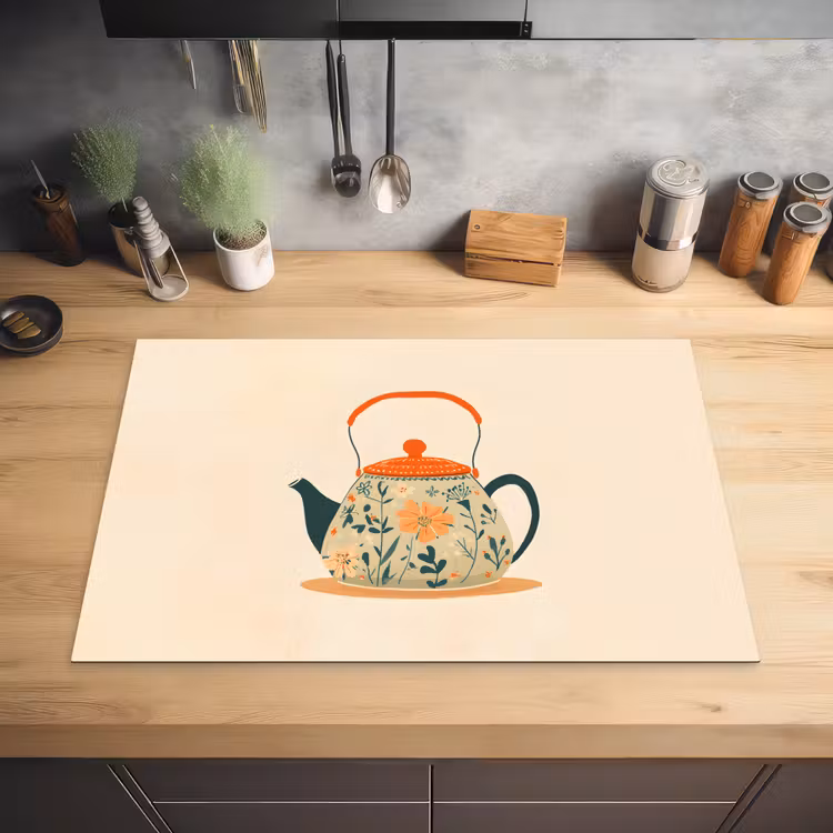 Oranje - Theepot - Bloemen - Bladeren Inductie beschermer vinyl 3mm klein -sfeer5