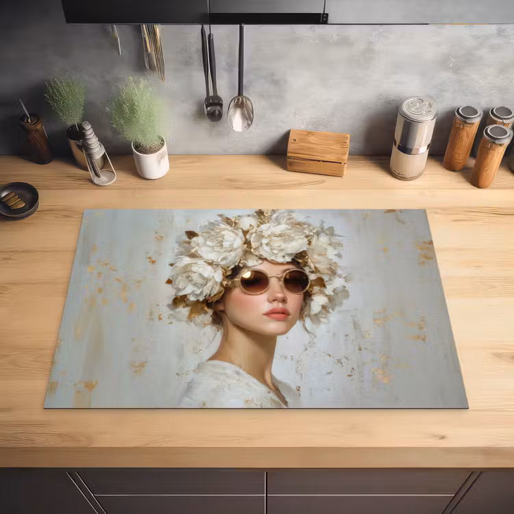 Schilderij - Vrouw - Zonnebril - Bloemenkrans Inductie beschermer vinyl 3mm klein -sfeer5