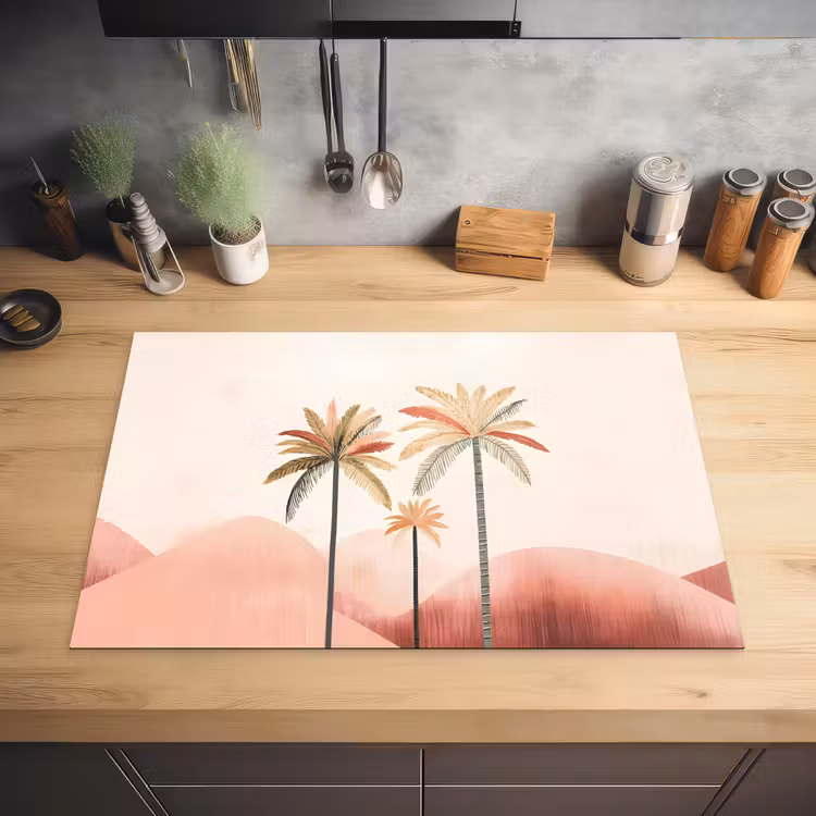 Palmbomen - Heuvels - Minimalistisch - Zachtroze Inductie beschermer vinyl 3mm klein -sfeer5