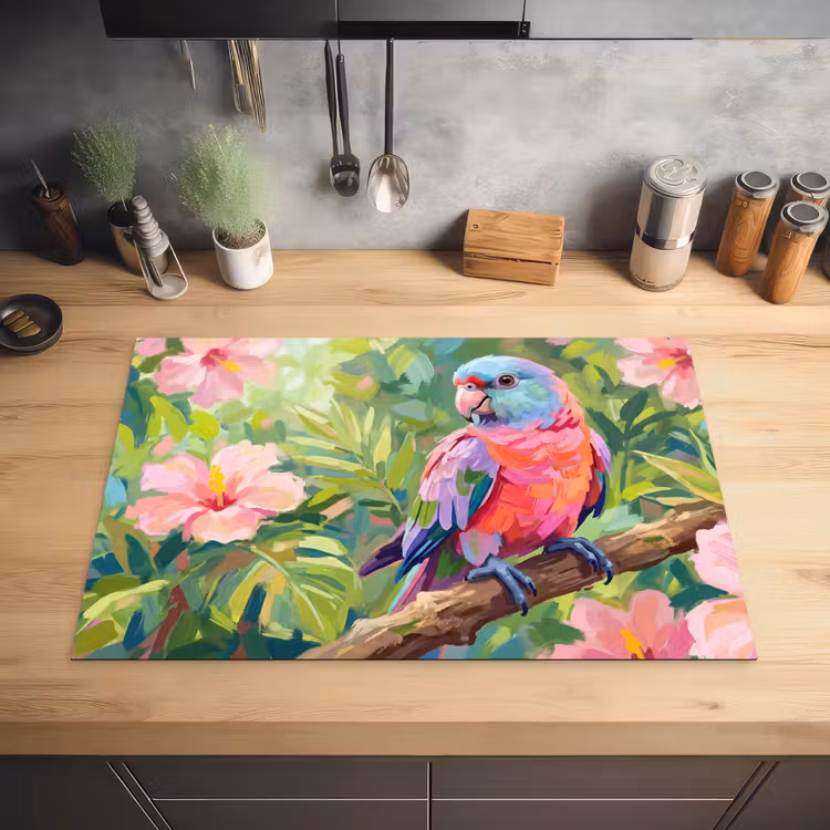 Papagaai - Hibiscusbloemen - Kleurrijk Inductie beschermer vinyl 3mm klein -sfeer5