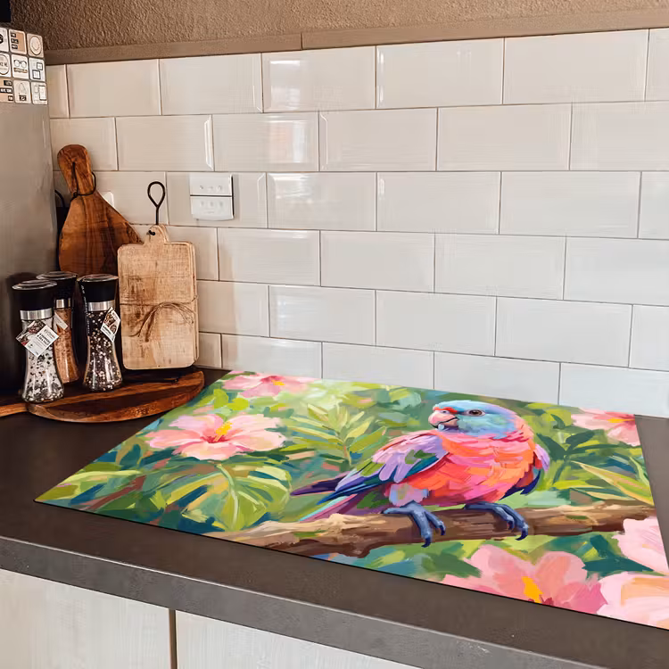 Papagaai - Hibiscusbloemen - Kleurrijk Inductie beschermer vinyl 3mm klein -sfeer3