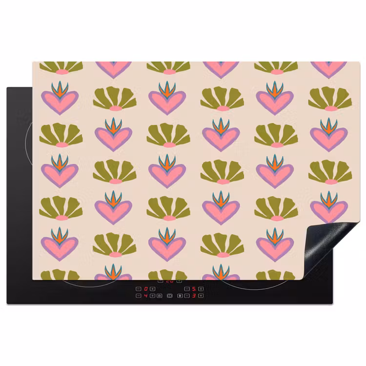 Patroon - Beige - Hartjes - Bloemen Inductie beschermer vinyl 3mm klein 276 -3d