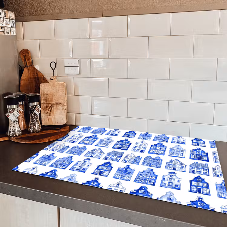 Patroon - Huizen - Blauw Inductie beschermer vinyl 3mm klein 276 -sfeer3