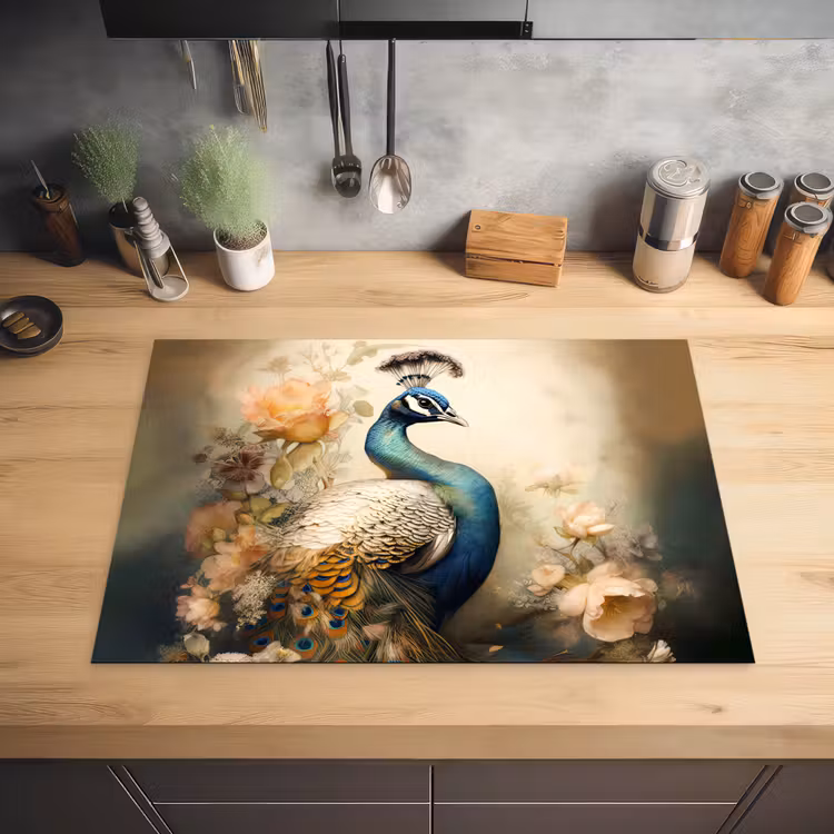 Pauw - Pauwenveren - Bloemen - Vogels - Botanisch Inductie beschermer vinyl 3mm middel -sfeer5