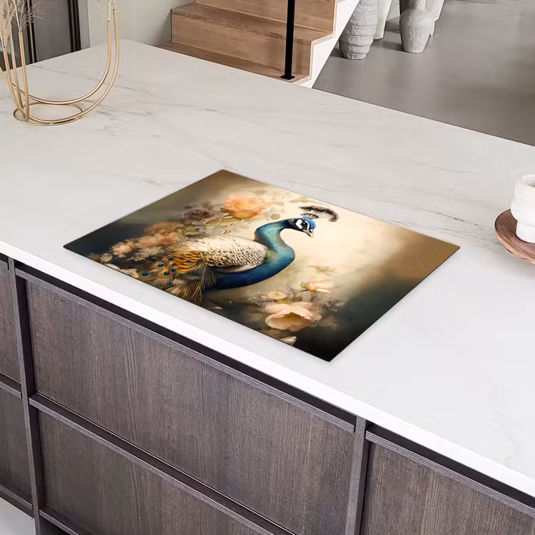 Pauw - Pauwenveren - Bloemen - Vogels - Botanisch Inductie beschermer vinyl 3mm middel -sfeer8