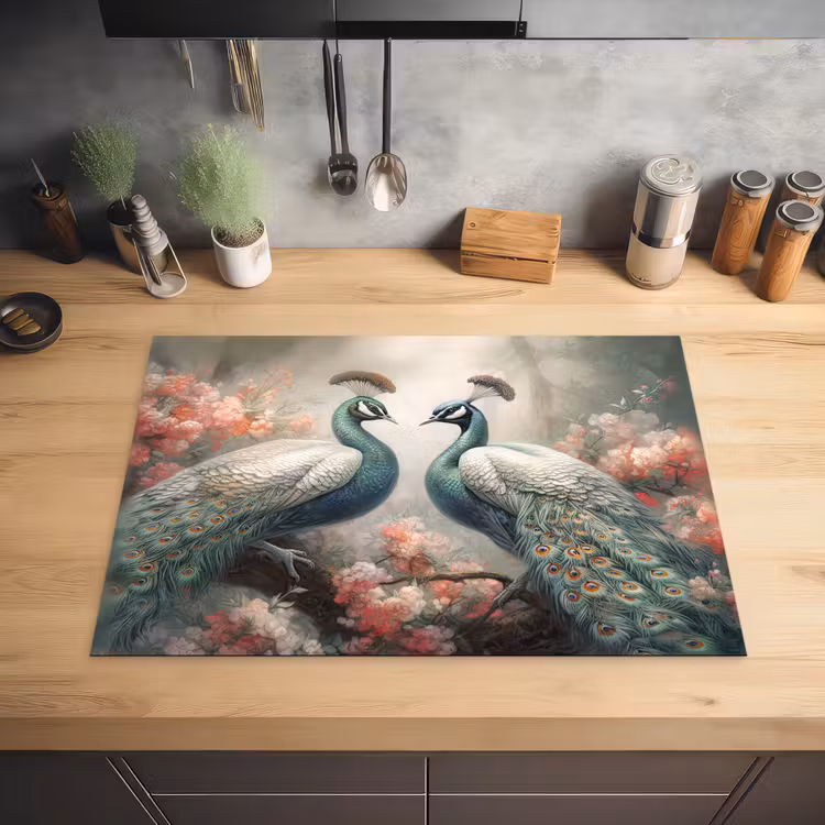 Pauwen - Pauwenveren - Vogels - Bloemen - Natuur Inductie beschermer vinyl 3mm middel -sfeer5