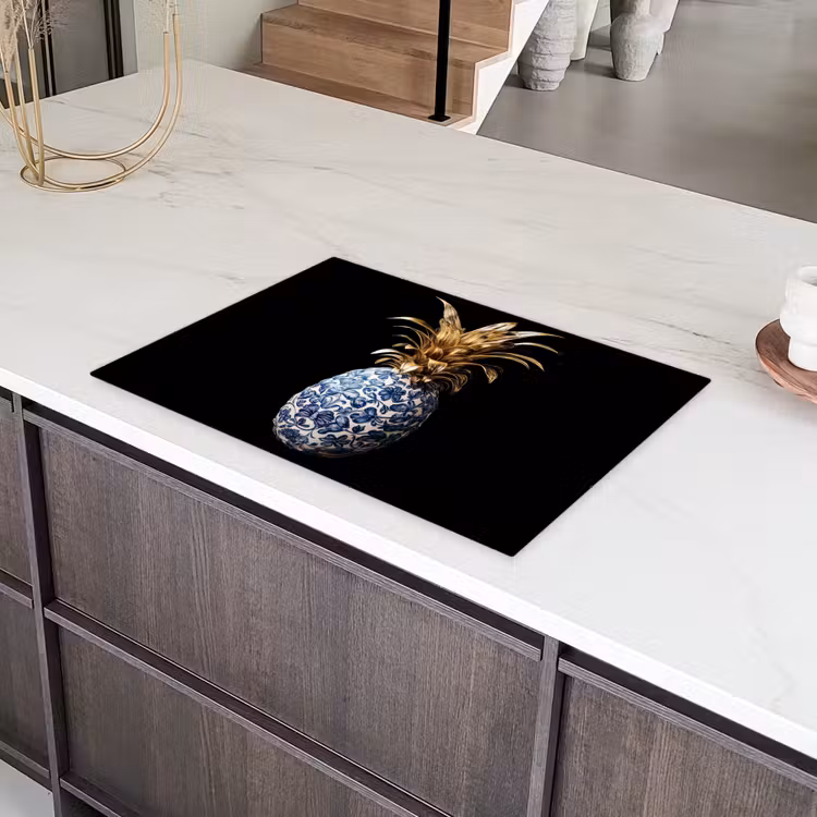 Ananas - Bloemen patroon - Goud - Delftsblauw Inductie beschermer vinyl 3mm klein -sfeer8