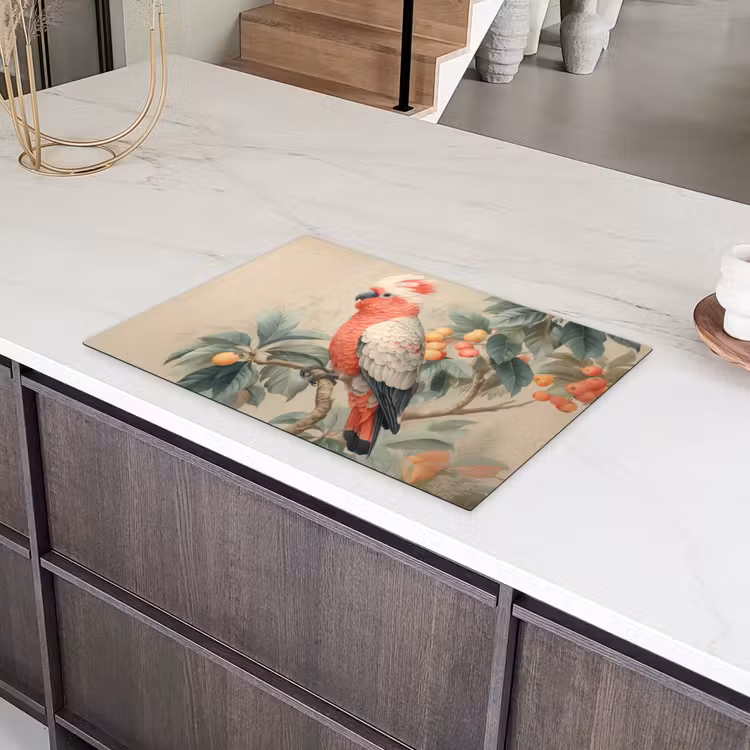 Roze kuifkaketoe - Tak met vruchten - Bladeren Inductie beschermer vinyl 3mm klein -sfeer8