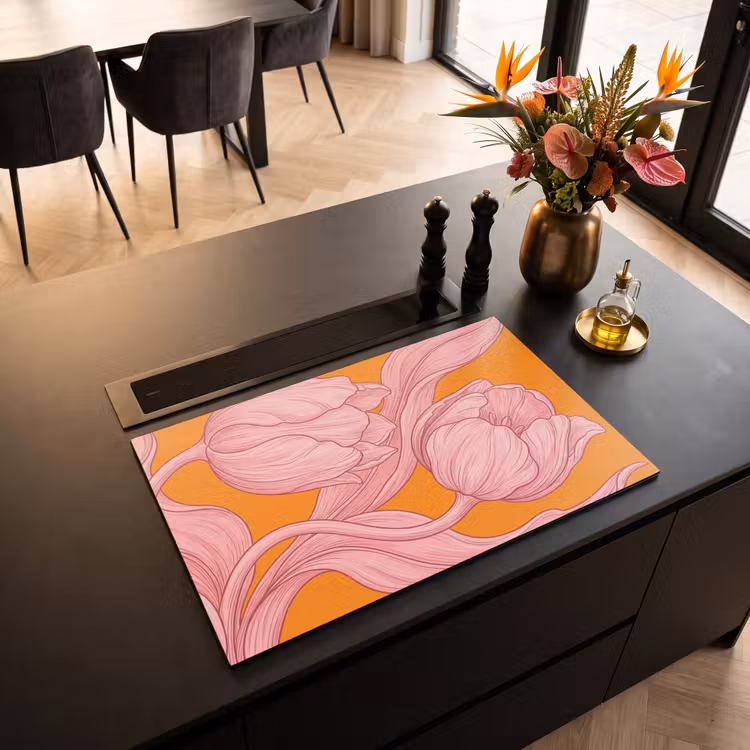Induction Hob Cover - Pink Flowers - Modern - Roze bloemen - Modern Inductie beschermer vinyl 3mm klein