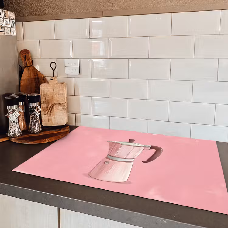 Roze - Mokkapot - Illustratie - Koffie Inductie beschermer vinyl 3mm klein -sfeer3