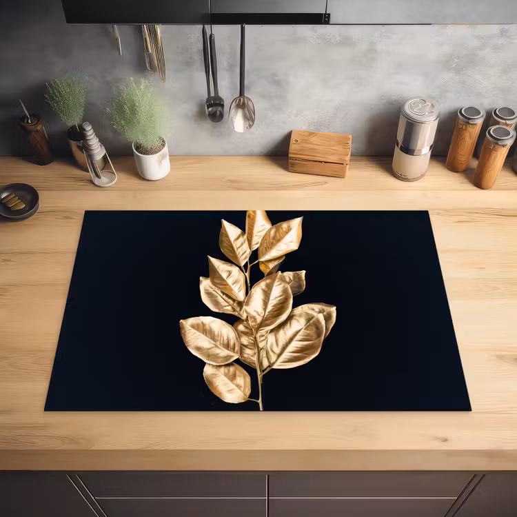 Plant - Bladeren - Goud - Zwart - Luxe Inductie beschermer vinyl 3mm klein -sfeer5