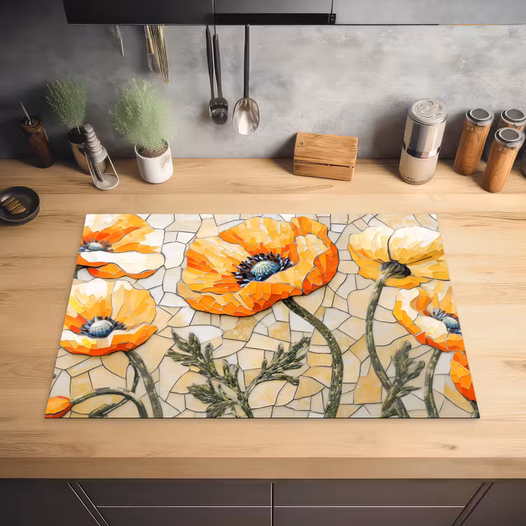 Klaprozen - Oranje - Mozaïek - Bladeren Inductie beschermer vinyl 3mm klein -sfeer5