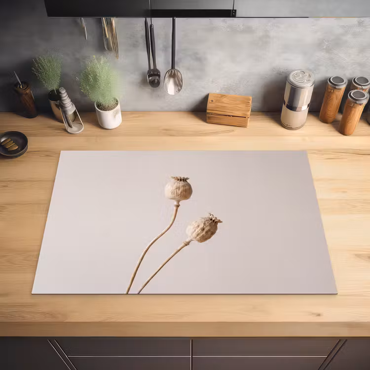 Papaverbollen - Droogbloemen - Minimalistisch - Beige - Rustig Inductie beschermer vinyl 3mm klein -sfeer5