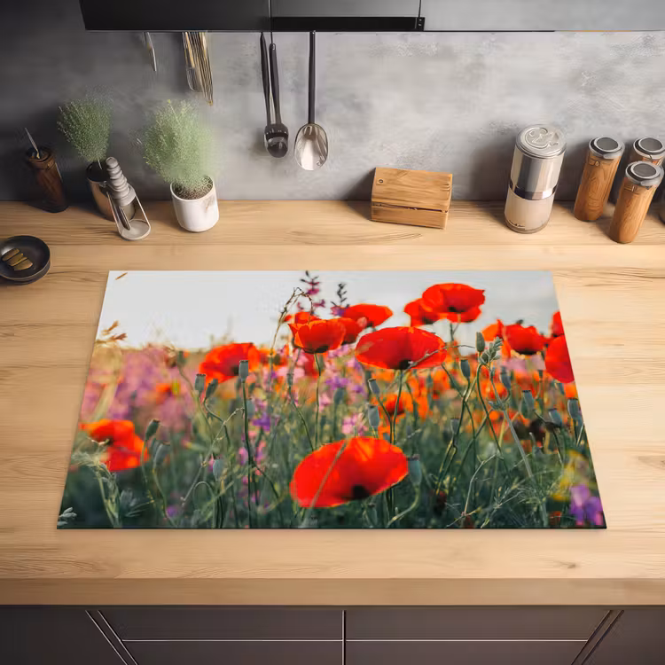 Klaproos - Bloemen - Rood - Paars - Weide Inductie beschermer vinyl 3mm klein -sfeer5