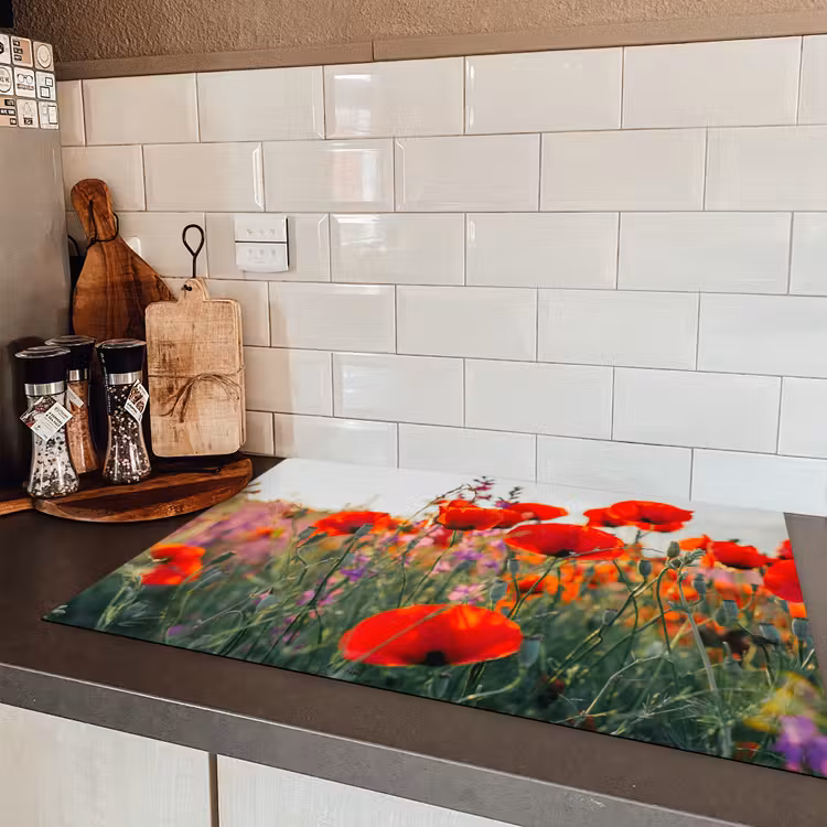 Klaproos - Bloemen - Rood - Paars - Weide Inductie beschermer vinyl 3mm klein -sfeer3