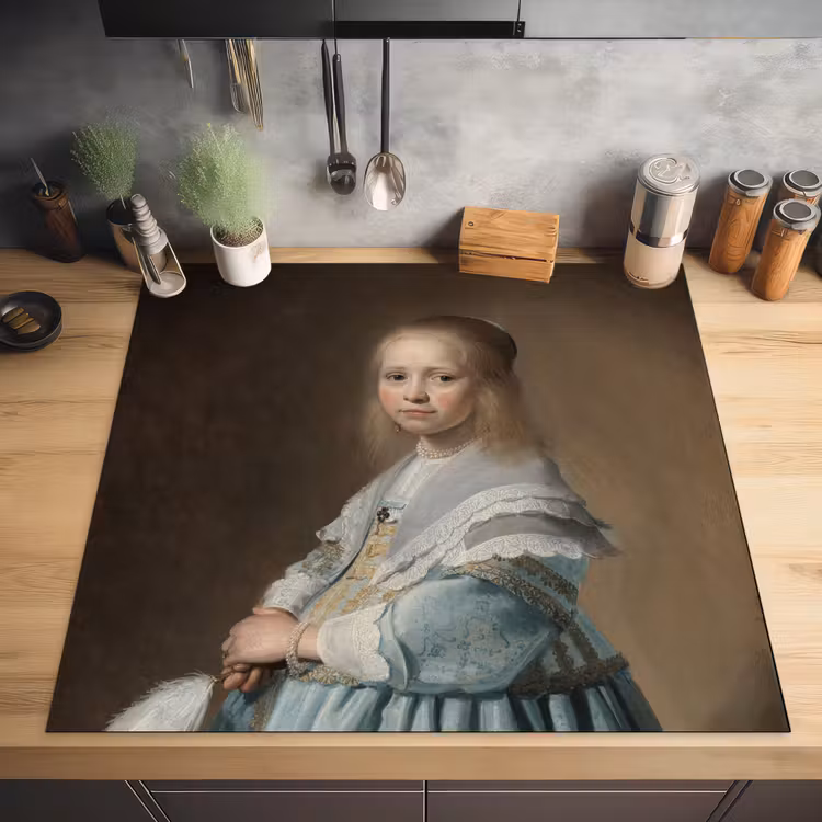 Portret van een meisje in het blauw - Schilderij van Johannes Cornelisz. Verspronck Inductie beschermer vinyl 3mm middel -sfeer5