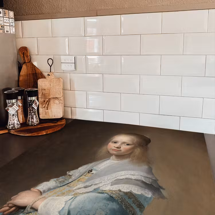 Portret van een meisje in het blauw - Schilderij van Johannes Cornelisz. Verspronck Inductie beschermer vinyl 3mm middel -sfeer3