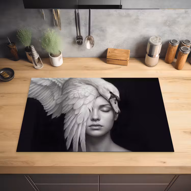 Portret - Zwaan - Zwart - Wit Inductie beschermer vinyl 3mm klein -sfeer5