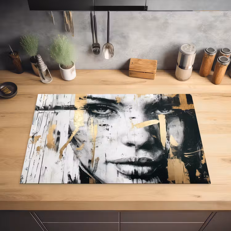 Portret - Vrouw - Penseelstreken - Goud Inductie beschermer vinyl 3mm klein -sfeer5