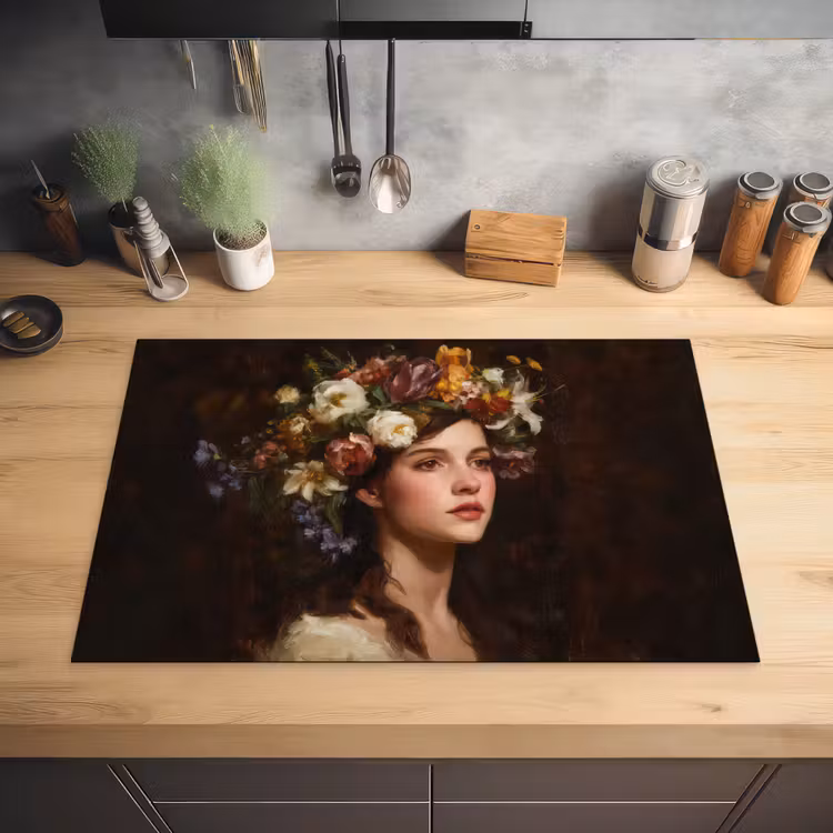 Portret - Vrouw - Bloemen Inductie beschermer vinyl 3mm klein -sfeer5