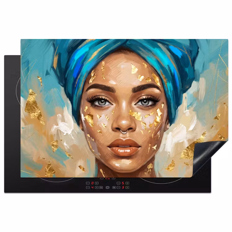 Portret - Vrouw - Schilderij - Blauw - Goud - Expressief Inductie beschermer vinyl 3mm klein -3d