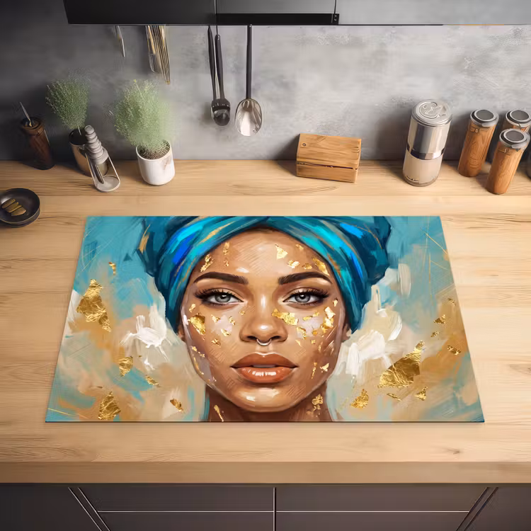 Portret - Vrouw - Schilderij - Blauw - Goud - Expressief Inductie beschermer vinyl 3mm klein -sfeer5