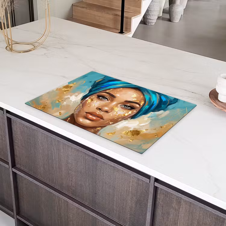 Portret - Vrouw - Schilderij - Blauw - Goud - Expressief Inductie beschermer vinyl 3mm klein -sfeer8