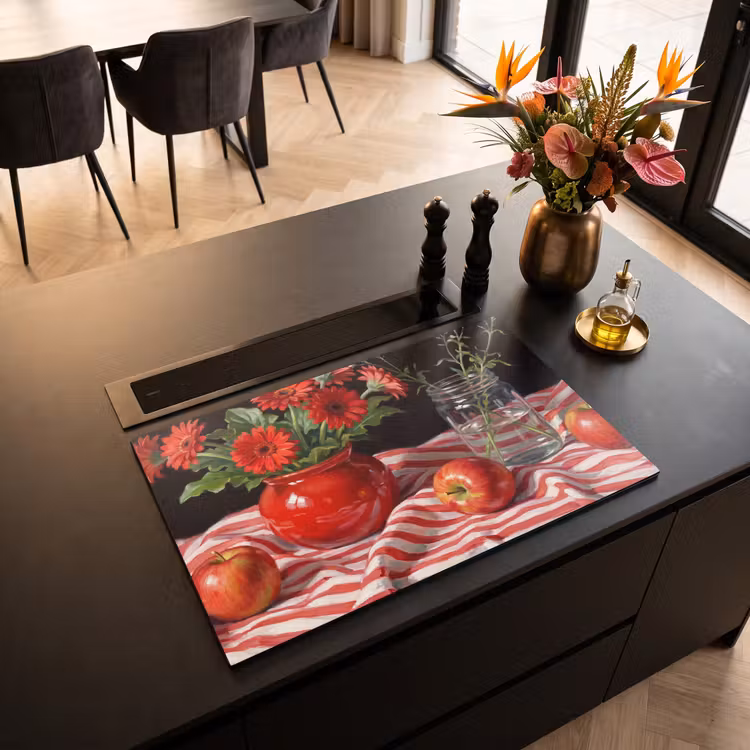 Induction Hob Cover - Red Flowers - Vase - Rode bloemen - Vaas Inductie beschermer vinyl 3mm klein