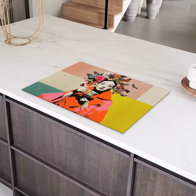 Retro - Vrouw - Kopje - Vlinders Inductie beschermer vinyl 3mm klein -sfeer8