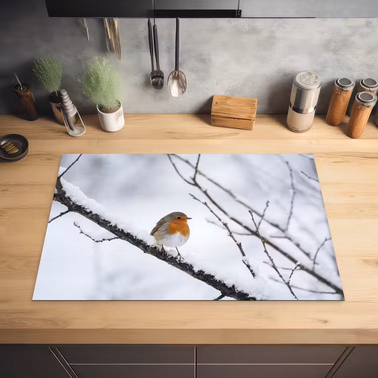 Roodborstje - Tak - Sneeuw - Winter - Levendig Inductie beschermer vinyl 3mm klein -sfeer5