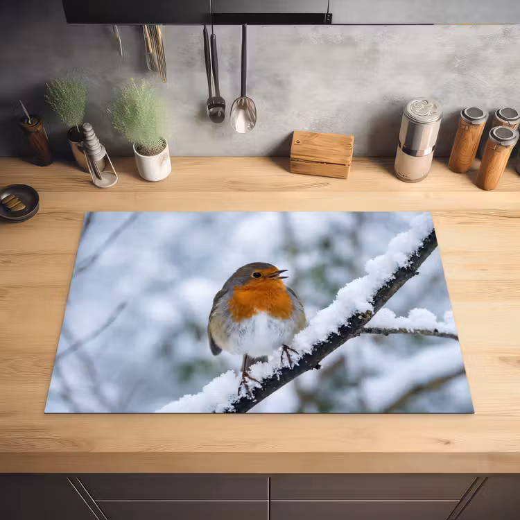 Roodborstje - Tak - Sneeuw - Winter - Levendig Inductie beschermer vinyl 3mm klein -sfeer5