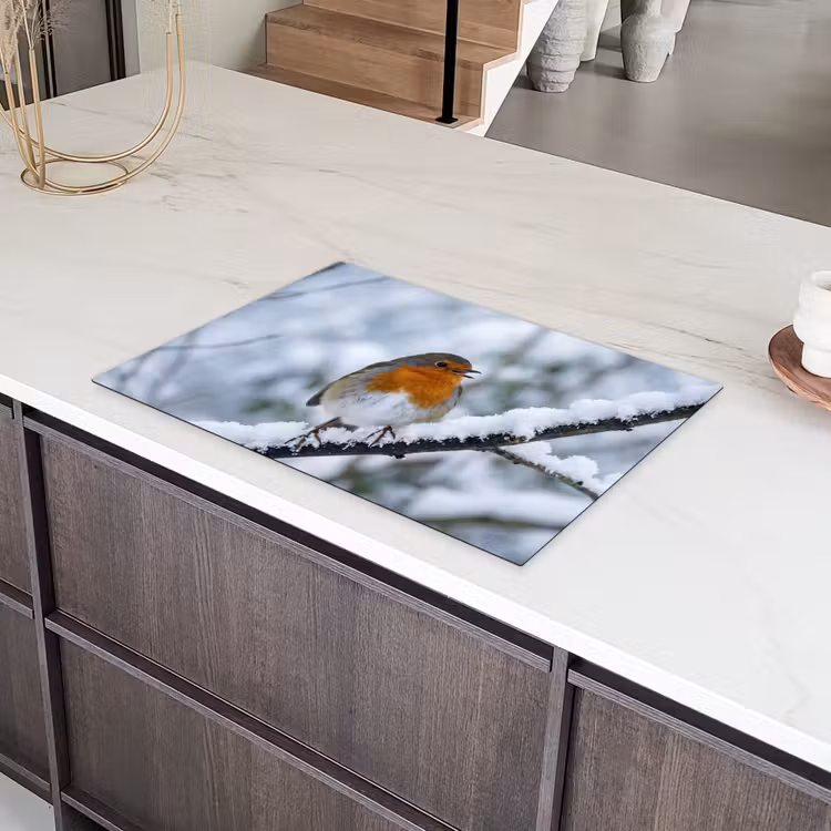 Roodborstje - Tak - Sneeuw - Winter - Levendig Inductie beschermer vinyl 3mm klein -sfeer8