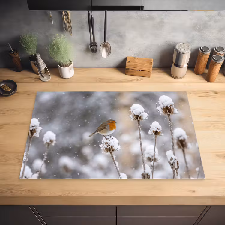 Roodborstje - Gedroogde bloem - Sneeuw - Winter - Vertederend Inductie beschermer vinyl 3mm klein -sfeer5
