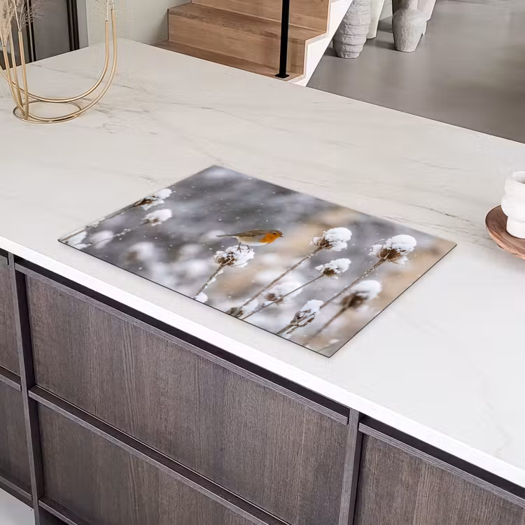 Roodborstje - Gedroogde bloem - Sneeuw - Winter - Vertederend Inductie beschermer vinyl 3mm klein -sfeer8